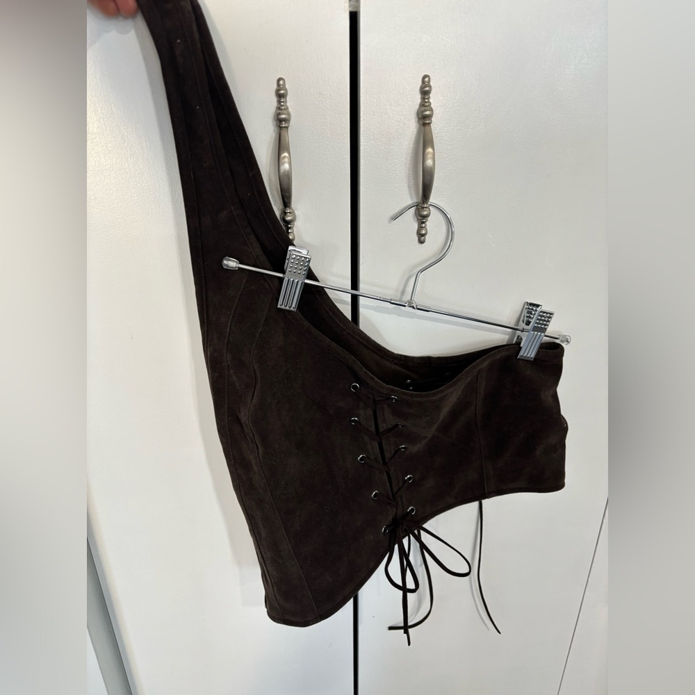 silence + noise Dark Brown Suede Lace-Up Asymmetrical Corset Top